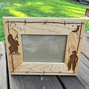 Western Cowboy Native American Horse Picture Frame Wood Laser Engraved Barb Wire